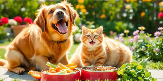 Dog and cat eating healthy food in a garden.