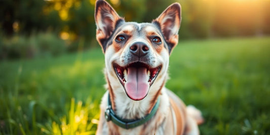 Happy dog in a grassy field, promoting pet health.