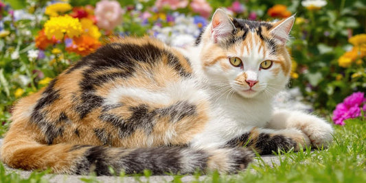 A calico cat resting among colorful flowers.