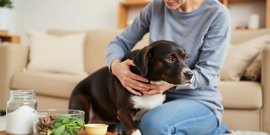 Dog owner checking dog's belly at home.