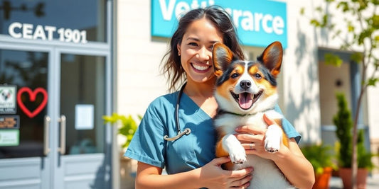 Pet owner with happy dog outside veterinary clinic.