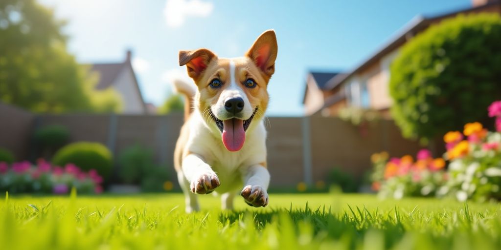 Happy dog playing in a safe backyard with flowers.