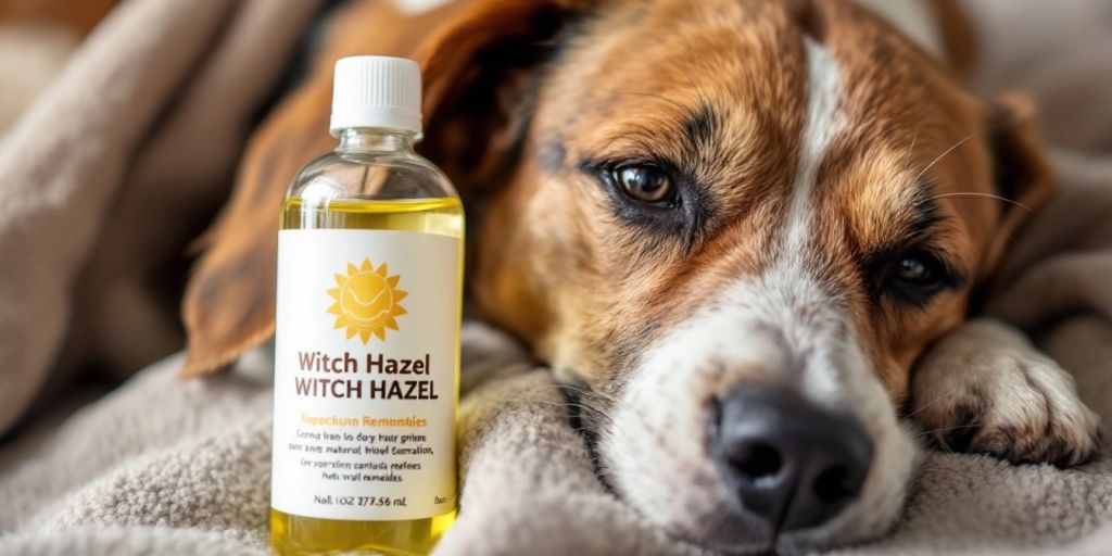 A calm dog next to witch hazel bottle.