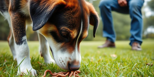 Dog sniffing grass with owner watching closely.