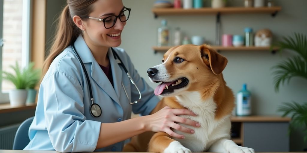 Veterinarian examining a dog in a cozy clinic.