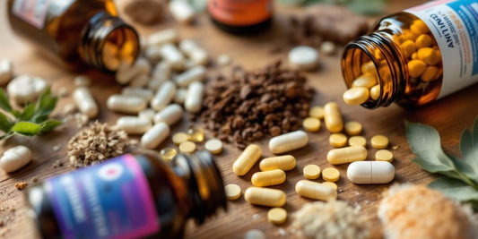 Bottles of anal gland supplements on a wooden surface.