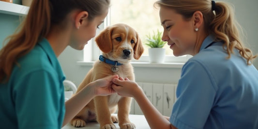 Veterinarian examining a dog with owner present.