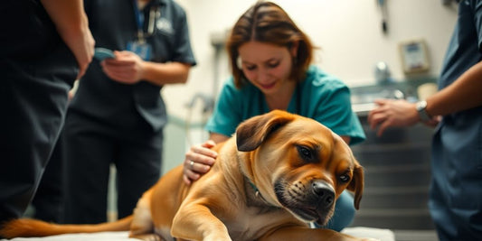 Distressed pet at veterinary clinic with caring staff.