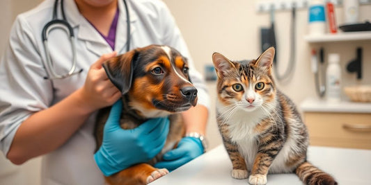 Veterinarian checking a dog and cat in clinic.