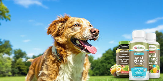 Healthy dog in park with natural supplements around.