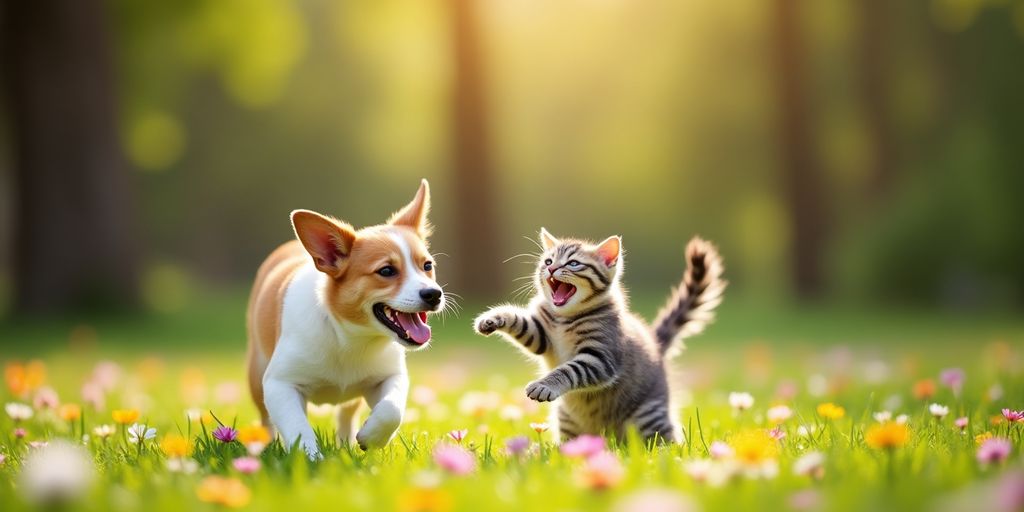 Happy dog and cat playing in a vibrant park.