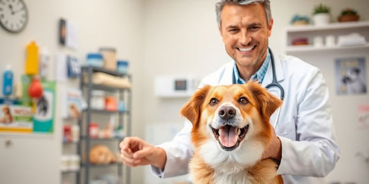 Veterinarian examining a happy dog in a clinic.