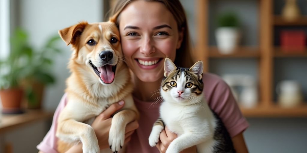 A pet owner with a dog and cat at home.