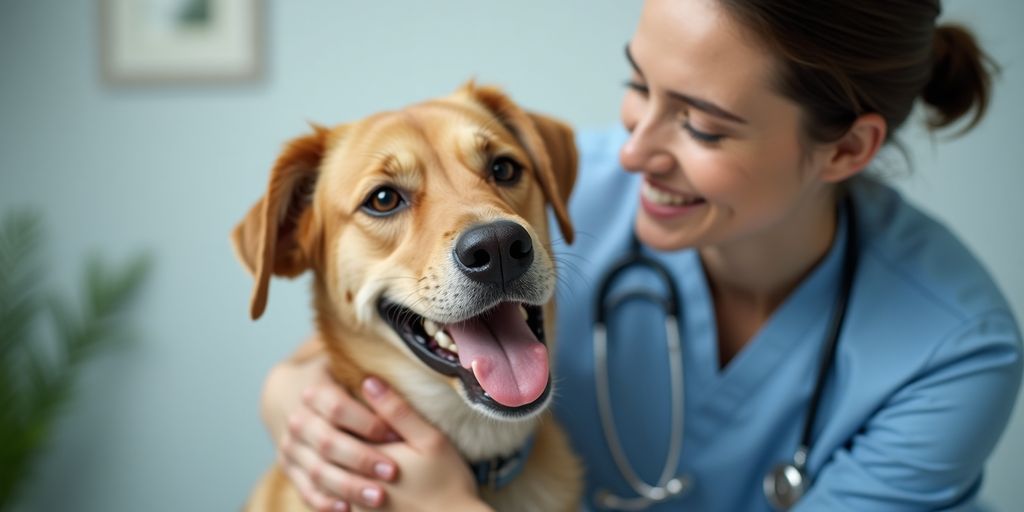 Vet examining a happy dog in a clinic.