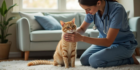 A veterinarian examines a relaxed cat in a home setting.