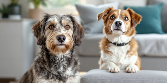 Dog and no chew spray bottle near a sofa.