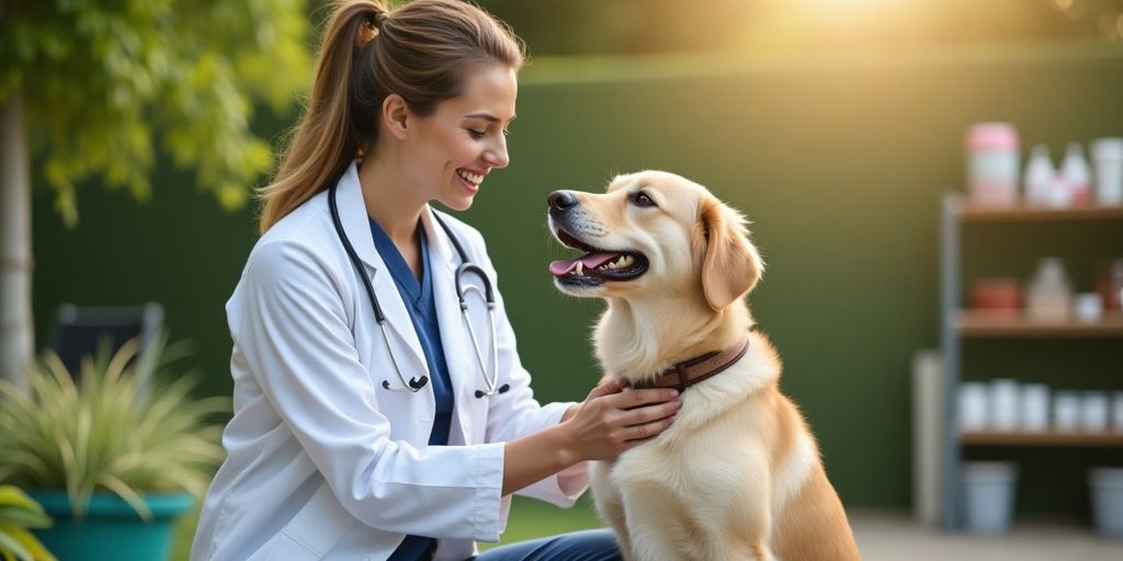 Veterinarian examining a happy dog in a lush garden.