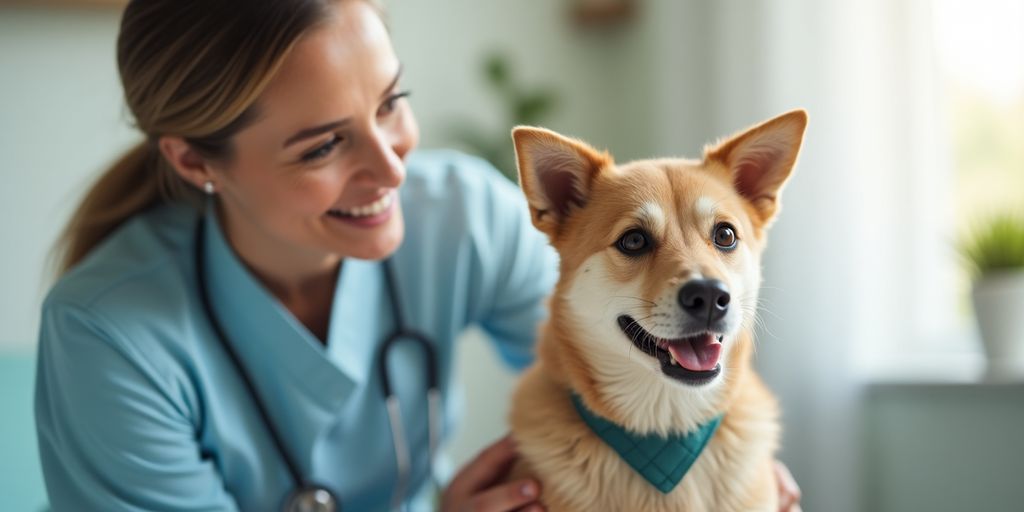 Veterinarian examining a happy dog in a clinic.