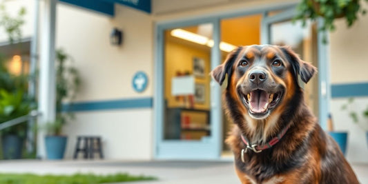 Happy dog outside a veterinary clinic, showcasing pet care.