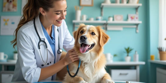 Veterinarian with dog in a welcoming clinic setting.