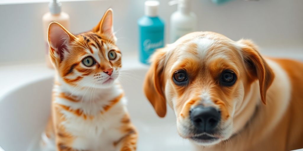 Cat and dog sharing a bath with shampoo bottles.
