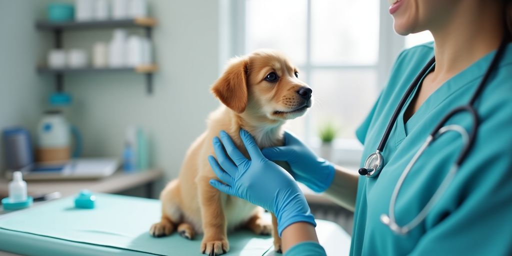 A puppy being examined by a veterinarian.