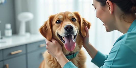 Veterinarian examining a happy dog in a clinic.