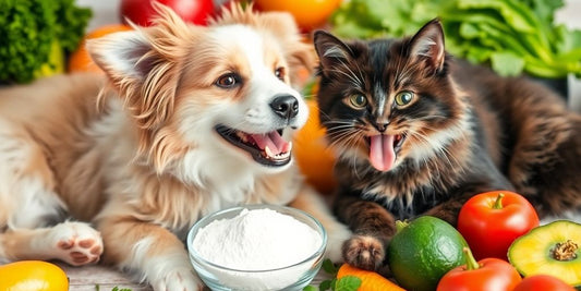 Happy pets with probiotics and healthy foods around them.