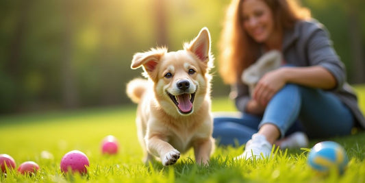 Happy dog playing outdoors with owner and toys.