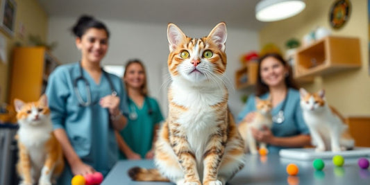 Happy cat in a welcoming veterinary clinic setting.