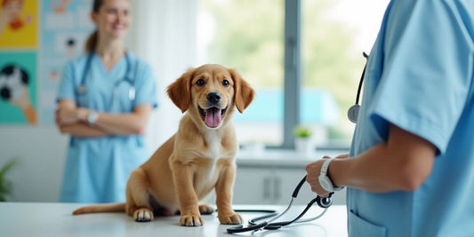 Puppy on vet table with stethoscope, looking curious.