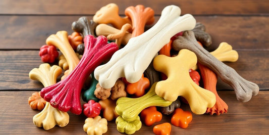 Variety of dog chews on a wooden surface.