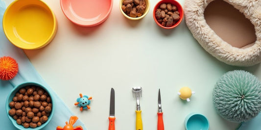 Colorful pet supplies for dogs and cats on display.