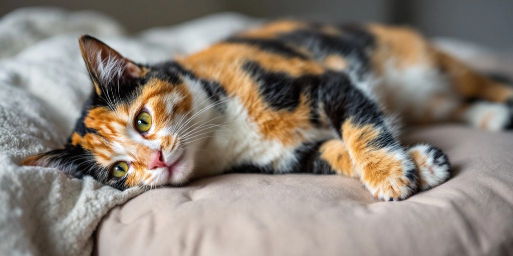 Calico cat with orange, black, and white fur resting.