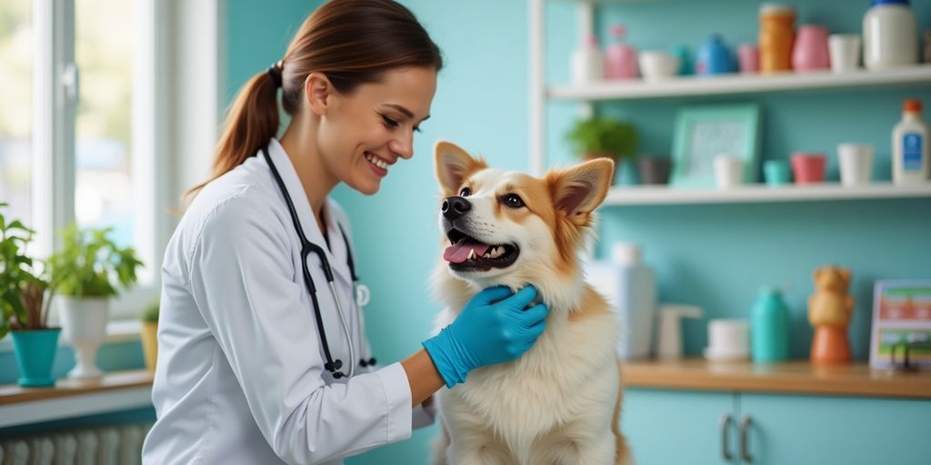 Veterinarian checking a dog in a colorful clinic.