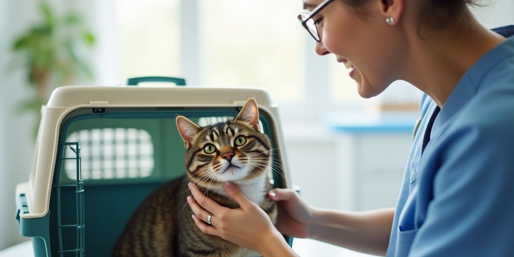 A relaxed cat in a carrier with its owner.