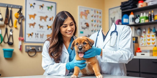 Veterinarian with a puppy in a bright clinic.