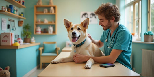 Veterinarian examining a dog in a cozy clinic setting.