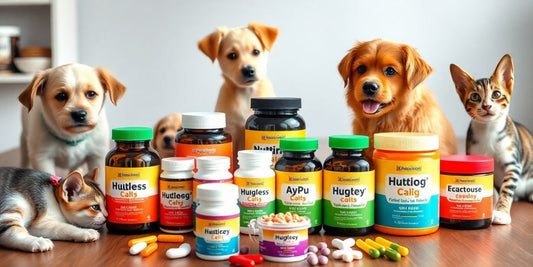 Colorful pet supplements with happy dogs and cats.