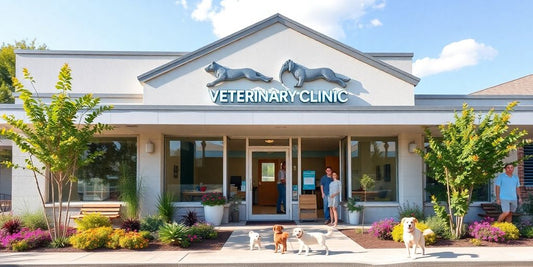 Modern vet clinic with pets and welcoming entrance.