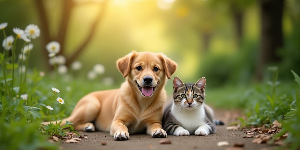 Happy dog and cat in a natural outdoor setting.