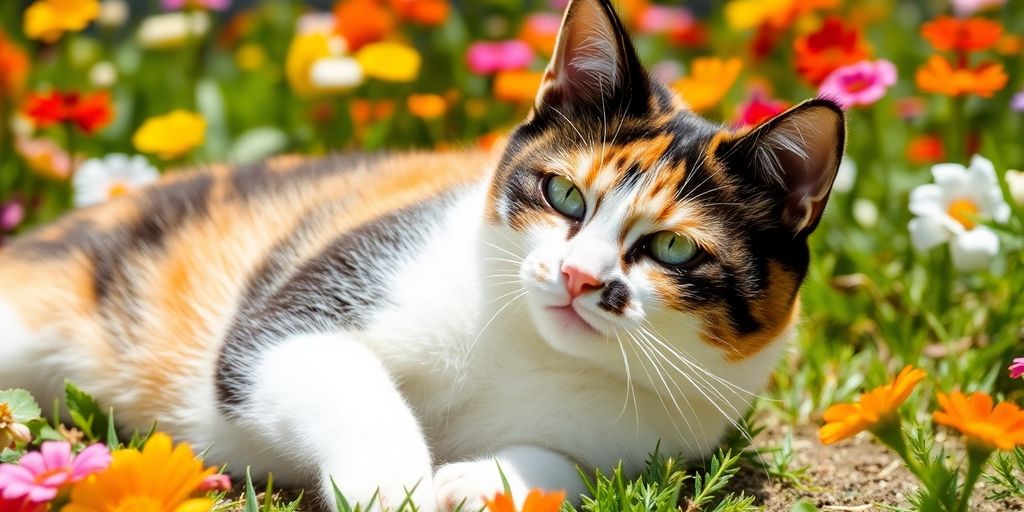 Calico cat with orange, black, and white fur in sunlight.