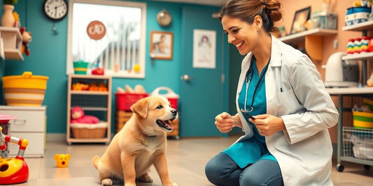 Veterinarian greeting a happy puppy in a clinic.