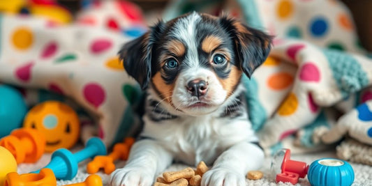 A cute puppy with toys and treats in a cozy space.
