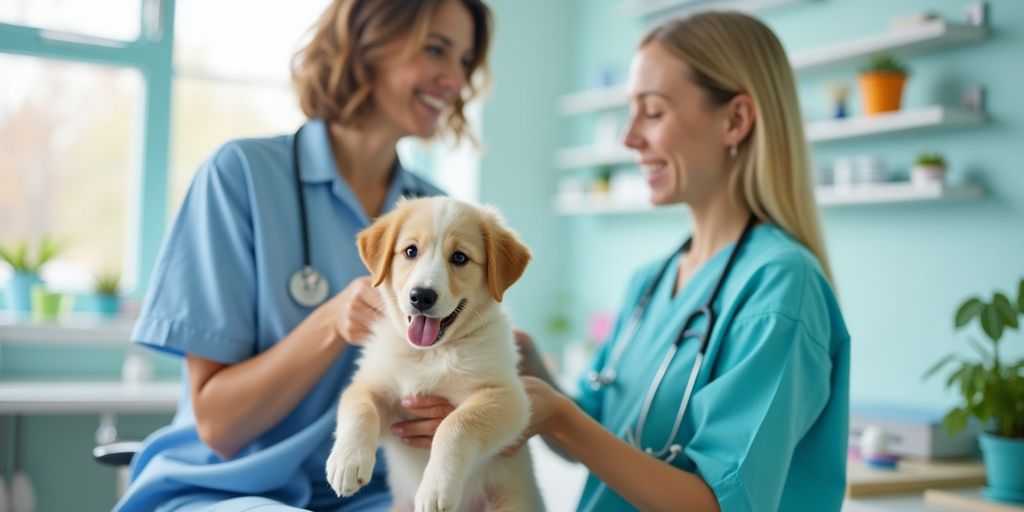 Veterinarian examining a puppy in a cheerful vet clinic.