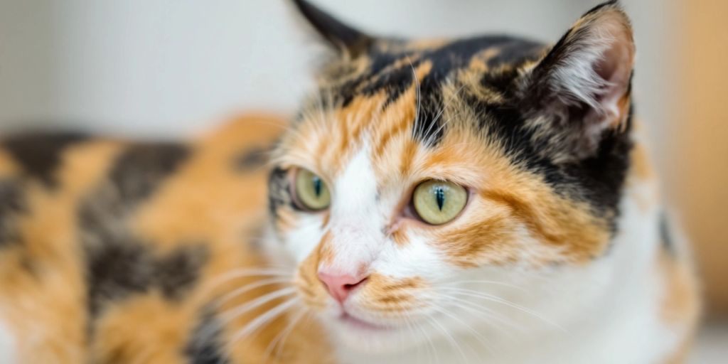 Close-up of a playful calico cat with vibrant fur.