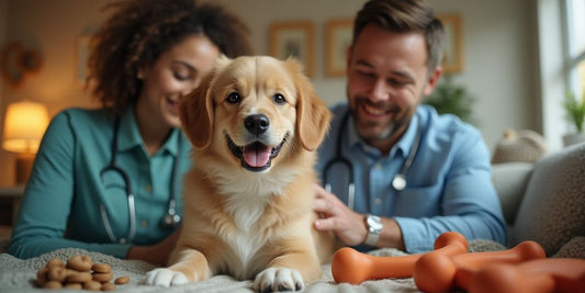 Veterinarian examining a dog in a home setting.