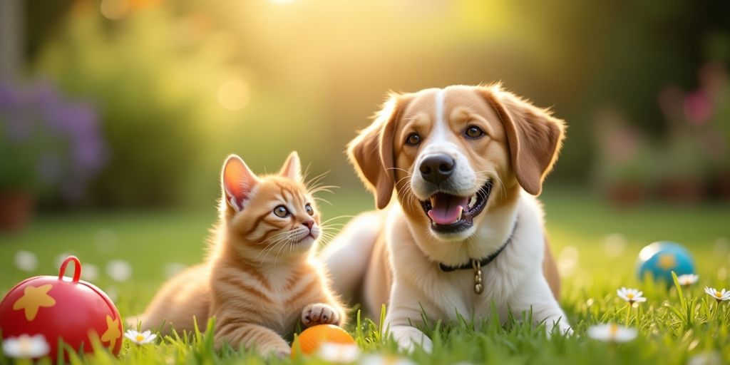 A dog and cat playing together in a garden.