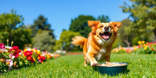 Healthy dog playing outdoors with Balance It supplement nearby.