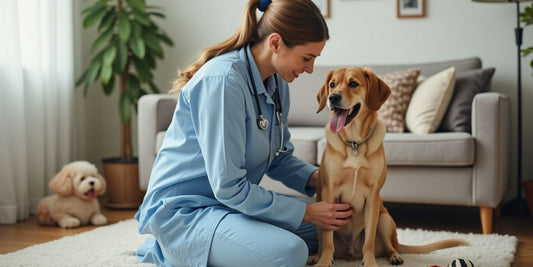 Vet checking dog health in a comfortable home setting.